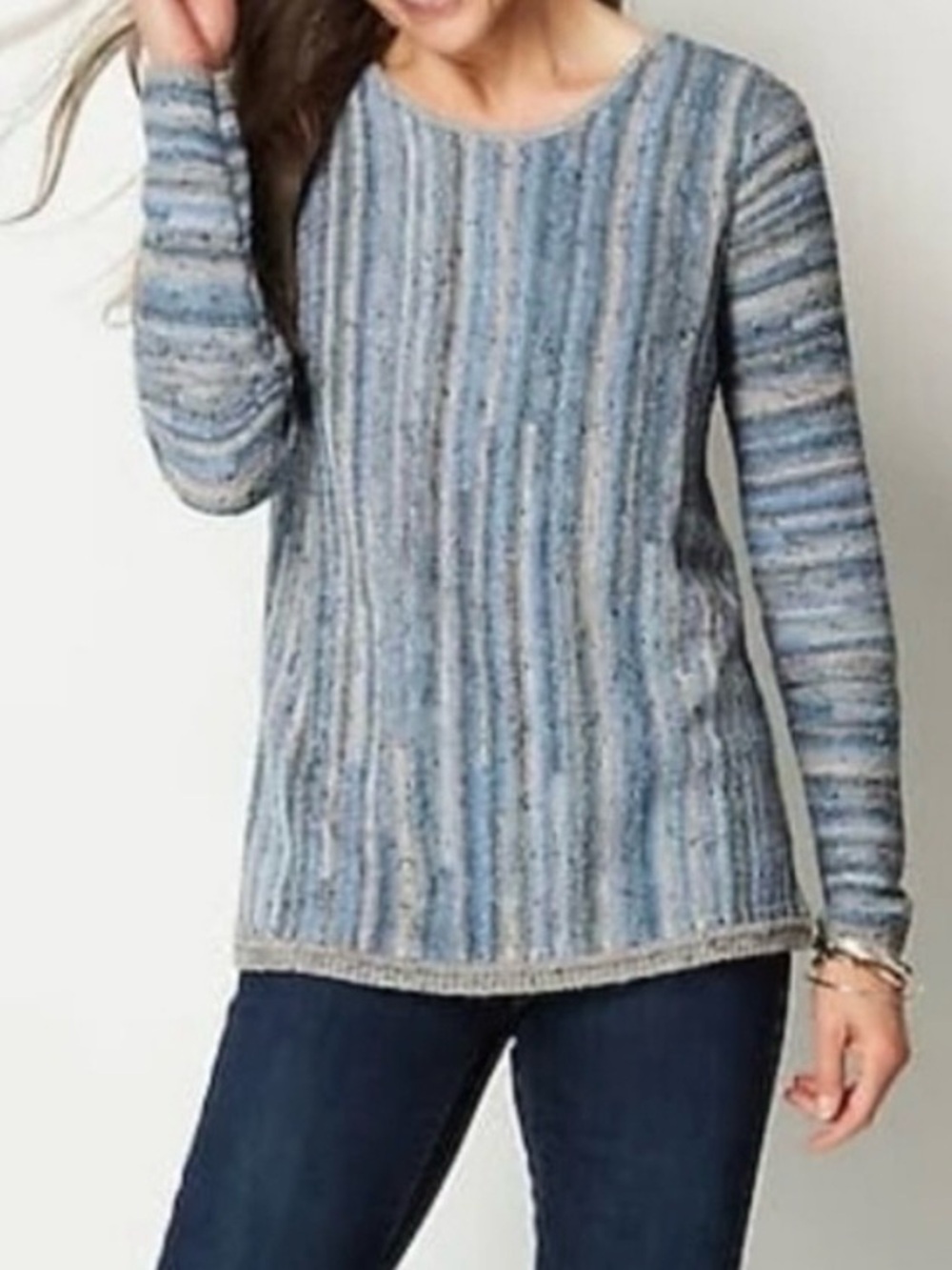 J. Jill Blue Vertical Striped Round Neck Pullover Tunic Sweater Cozy Relaxed